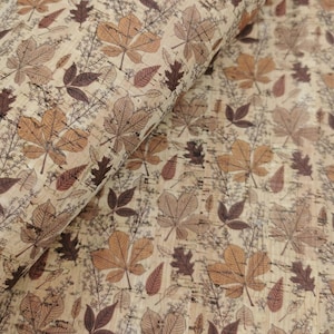 Portuguese cork fabric sheet, Autumn Leaves Pattern printed on Natural Rustic Cork 68x50cm / 26.77''x19.69'' (447)