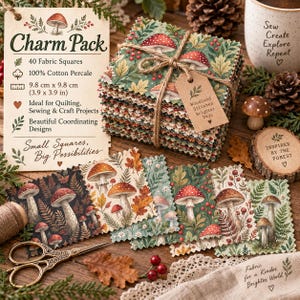 May include: A stack of 40 cotton percale fabric squares measuring 3.9 by 3.9 inches, tied with twine and a tag labeled Woodland Stitches Brighter Days. The squares feature mushroom, leaf, and berry patterns in green, red, and brown tones.