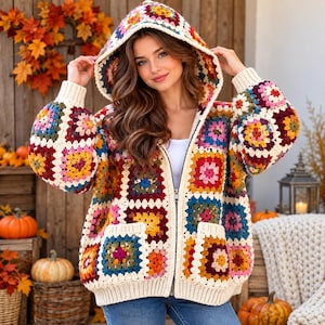 Colorful Crochet Hoodie, Floral Patchwork sweater, Granny Square Cardigan, Boho Crochet Outerwear, Handmade Hooded Jacket, Cozy Winter Wear