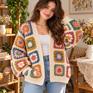 Könnte beinhalten: Eine langärmelige Strickjacke aus cremefarbenem Garn mit einem mehrfarbigen Granny-Square-Muster in Rosa, Senfgelb, Blaugrün und Blau. Das Kleidungsstück hat einen V-Ausschnitt, gerippte Bündchen und einen gerippten Saum und wird über einem weißen Oberteil getragen.