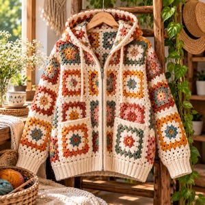Crochet Hooded Jacket Pattern, Floral Patchwork Hoodie, Colorful Crochet Jacket, Flower Motif Sweater, Handmade Crochet PDF Instructions