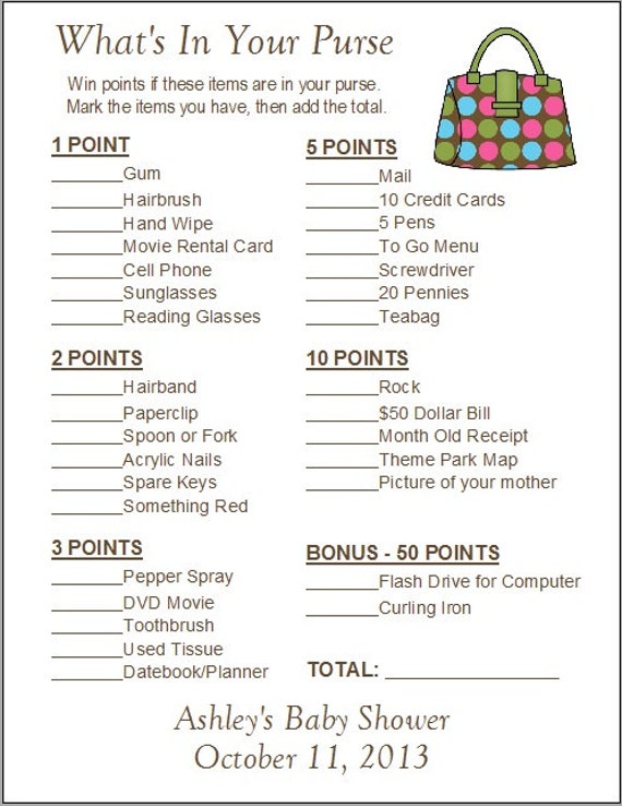 Items similar to 24 Personalized What's In Your Purse Baby Shower Game