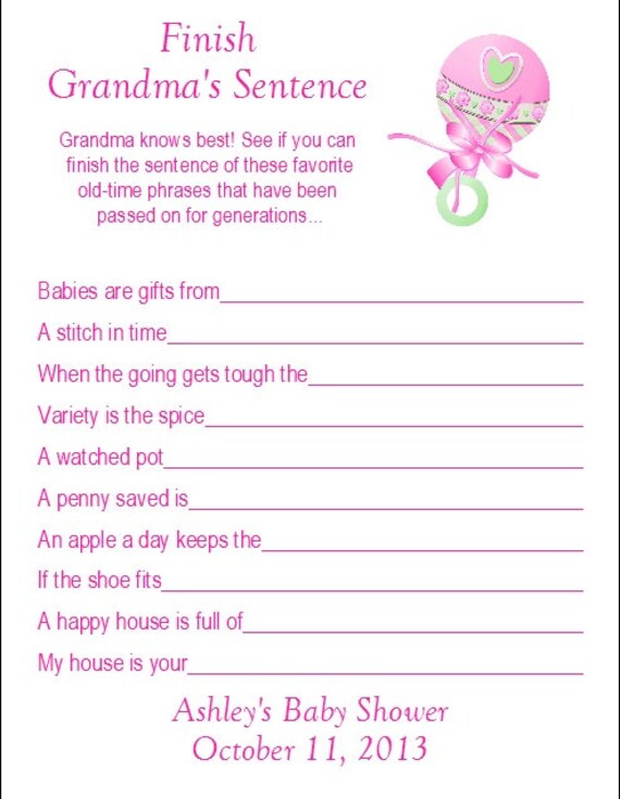 Items similar to 24 Personalized FINISH GRANDMA'S SENTENCE Baby Shower Game in Pink or Blue on Etsy