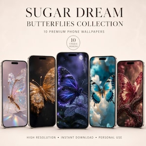Può includere: Cinque smartphone mostrano sfondi digitali della collezione Sugar Dream Butterflies. Gli schermi presentano illustrazioni di farfalle in tonalità iridescenti, oro, blu scuro, blu chiaro e rosso su vari sfondi.