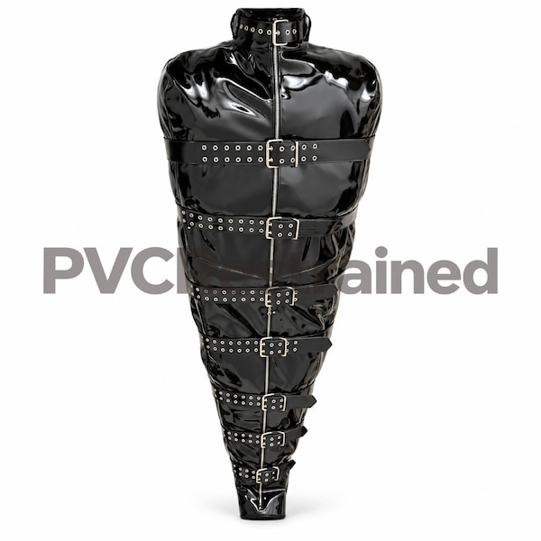 Glänzend schwarzer PVC-Ganzkörper-Fesselanzug mit Frontreißverschluss, Schnallenkragen und Ösenriemen