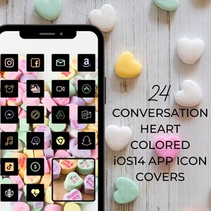 Conversation Heart-Colored iOS14 Icon Covers | 24 Black Background iPhone Logos Customized Aesthetic Home Screen Widgets Pastel Valentine
