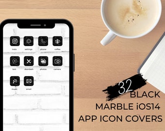 Negro Mármol iOS14 Cubiertas de Iconos / 32 Logotipos de iPhone Personalizado Estética Monocromática Pantalla de Inicio Widgets