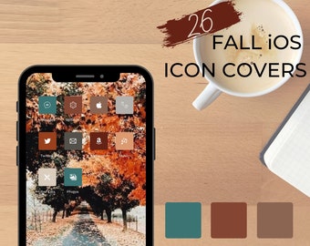 Cubiertas de iconos de iOS14 de otoño / Logotipos de otoño de iPhone Estética personalizada Hojas verdes naranjas Widgets de pantalla de inicio monocromáticos de otoño