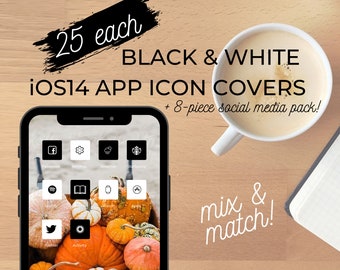 Negro & Blanco (BOTH) iOS14 Icono Cubre 25pc con 8pc Social Media Pack / iPhone Logos Personalizado Estética Monocromática Pantalla de Inicio Widgets