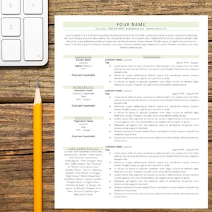 May include: A resume template with a green background and white text. The resume includes sections for education, memberships, volunteer experience, and core competencies. The template is designed to help job seekers create a professional and effective resume.