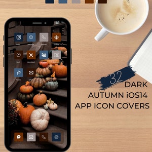 Dark Autumn iOS14 Icon Covers | 32 iPhone Fall Logos Customized Aesthetic Navy Orange Monochromatic Home Screen Widgets