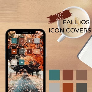 秋のiOS14アイコンカバー | iPhone秋のロゴカスタマイズされた美的緑オレンジの葉秋のモノクロホーム画面ウィジェット