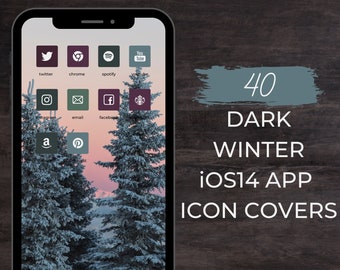 Dark Winter iOS14 Icon Covers / 40 iPhone Logos Customized Aesthetic Purple Blue Green Monochromatic Home Screen Widgets