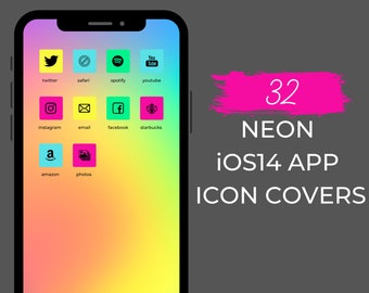 Neon iOS14 Icon Covers / 32 iPhone Logos Customized Aesthetic Home Screen Widgets Pink Yellow Blue Green Highlighter