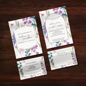 Conjunto de boda con flores de acuarela personalizables: reserva la fecha, invitaciones, alojamiento, tarjetas de agradecimiento