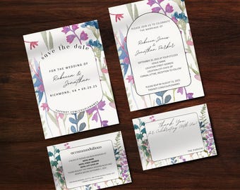 Conjunto de boda con flores de acuarela personalizables: reserva la fecha, invitaciones, alojamiento, tarjetas de agradecimiento