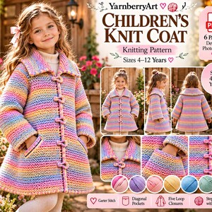 May include: A digital knitting pattern for a children's knit coat, featuring a rainbow-striped garter stitch design with five loop closures, a wide collar, and diagonal pockets. The document includes a detailed photo guide for sizes 4-12 years.