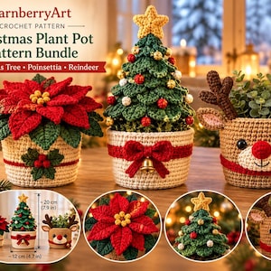 May include: A crochet pattern bundle for three Christmas plant pots featuring a poinsettia, a Christmas tree, and a reindeer. The designs include a red poinsettia, a green tree with a yellow star, and a tan reindeer. Includes 20 cm by 12 cm dimensions.
