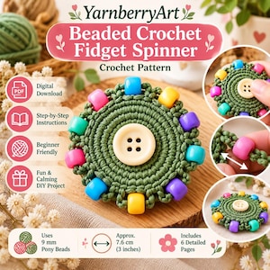 Op de afbeelding: Een haakpatroon voor een fidget spinner met kralen van YarnberryArt. Het ronde, groene gehaakte stuk heeft een crèmekleurige knoop in het midden en kleurrijke kralen aan de rand. Inclusief 6 pagina's, 9 mm kralen en 7,6 cm diameter.