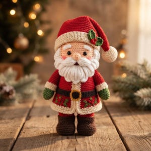 Könnte beinhalten: Eine gehäkelte Weihnachtsmann-Puppe mit einer roten Mütze, einem weißen Bommel und grünen Stechpalmenblättern, einem weißen Bart, einem roten Mantel mit dunklem Gürtel und goldener Schnalle, grünen Fäustlingen und braunen Stiefeln.