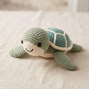 Op de afbeelding: Een gehaakt zeeschildpad speeltje met een saliegroene kop en flippers, een crèmekleurig gezicht en buik, en een blauwgroen schild met witte geborduurde randen. De schildpad heeft twee kleine zwarte oogjes en een eenvoudig geborduurde zwarte mond.