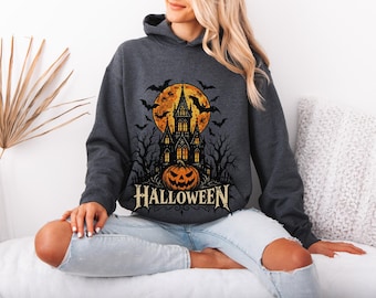 Gothic Halloween Shirt, Haunted Castle Spooky Season Tee, Retro Horror Graphic Tshirt, Vintage Pumpkin Bats Fall Gift