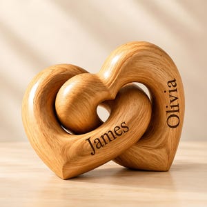Personalized Interlocking Wooden Hearts, Engraved Couple Names, Romantic Anniversary Gift