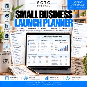 May include: A digital small business launch planner displayed on a laptop screen, featuring spreadsheets for startup costs, revenue goals, and key metrics. The image includes a notepad with a checklist, a branded tumbler, and printed planning sheets.