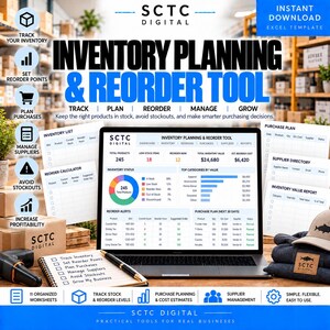 May include: An inventory planning and reorder tool digital spreadsheet displayed on a laptop screen, featuring data dashboards, charts, and tables for tracking stock, managing suppliers, and purchase planning, accompanied by printed document templates.