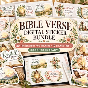 Puede incluir: Un paquete de pegatinas digitales con 80 pegatinas PNG transparentes de versículos bíblicos en 10 hojas. Los diseños incluyen detalles florales, paisajes, cruces y linternas con textos como Be still and know, Walk by faith y Pray without ceasing.