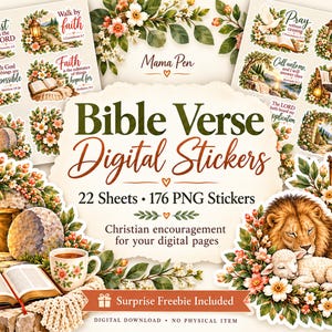 Może przedstawiać: Kolekcja cyfrowych naklejek z kompozycjami kwiatowymi, lwem i jagnięciem, otwartą Biblią oraz latarniami. Tekst zawiera Bible Verse Digital Stickers, 22 Sheets, 176 PNG Stickers, Mama Pen oraz Surprise Freebie Included.