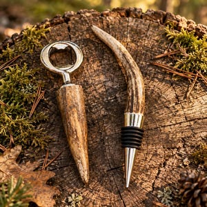 Handmade deer antler bottle opener and wine stopper. A unique rustic gift for wine lovers, crafted with nature in mind.
