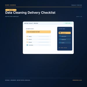 May include: A digital Data Cleaning Delivery Checklist template by Hobo Works. The interface features a document outline with sections for opening, structure, edit pass, and final delivery, alongside a delivery check panel with actionable steps.