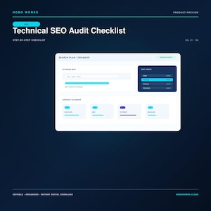 May include: A digital Technical SEO Audit Checklist document with a dark blue background. The interface features sections for Search Plan, Organize, Keyword Map, and a Content Calendar with labels Discover, Map, Optimize, and Measure.