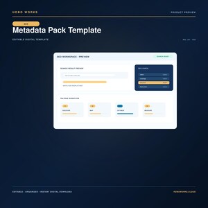 May include: An editable digital SEO Metadata Pack Template by Hobo Works. The dark blue interface displays an SEO workspace preview with sections for search result preview, SEO check, and an on-page workflow featuring discover, map, optimize, and measure.