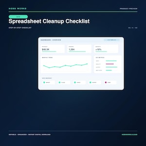 Könnte beinhalten: Eine digitale Spreadsheet Cleanup Checklist Dashboard-Vorlage von Hobo Works. Die Benutzeroberfläche hat einen dunkelblauen Hintergrund mit einem weißen zentralen Bereich, der Umsatz, Bestellungen, Wachstum, ein Liniendiagramm und Daten anzeigt.