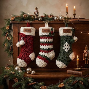 Op de afbeelding: Drie handgemaakte gehaakte kerstsokken die op een rij hangen. De linker sok is dieprood met witte randen en pompons. De middelste sok heeft rode, witte en groene strepen. De rechter sok is donkergroen met een witte sneeuwvlok.