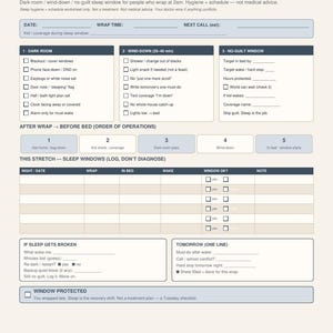 May include: A printable Night-Shift Sleep Protocol worksheet by Devison Kuhlmann. The document features sections for date, wrap time, and next call, with checklists for dark room, wind-down, and no-guilt window routines, plus a sleep log.