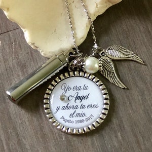 SPANISH Personalized Cremation necklace, I was your angel and now you are mine keepsake urn, loss of loved one pendant, keepsake ashes urn