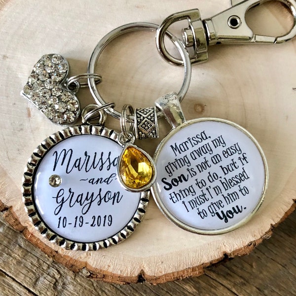 Personalized FUTURE daughter in law gift ~ Bridal bouquet charm ~ Giving away my son ~ wedding Son and daughter in law names ~ wedding quote