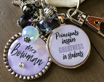 PRINCIPAL GIFT, personalized keychain, "Principals inspire greatness in students with name, present, teacher, coworker, staff, leader, cute