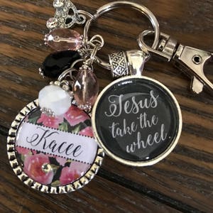 JESUS take the wheel PERSONALIZED watercolor ROSES keychain, Custom name initial monogram necklace, Sweet 16 gift, New driver key chain, car image 1