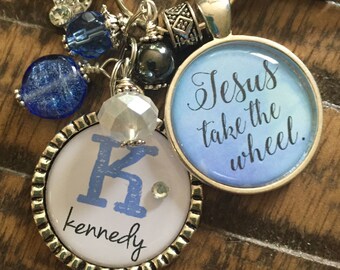 JESUS take the wheel PERSONALIZED watercolor blue keychain, Custom name initial monogram necklace, Sweet 16 gift, New driver key chain, car