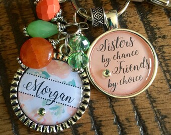 Sister gift, Custom name keychain, Sisters by chance Friends by choice, watercolor flowers, Best friend gift, sister keychain, christmas