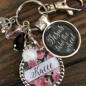 JESUS take the wheel PERSONALIZED watercolor ROSES keychain, Custom name initial monogram necklace, Sweet 16 gift, New driver key chain, car image 6