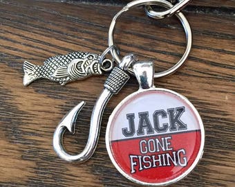 Father's Day Gift, Personalized keychain/ Gone FISHING Bobber keychain, Name for metal fish keychain, metal hook keychain red and white lure