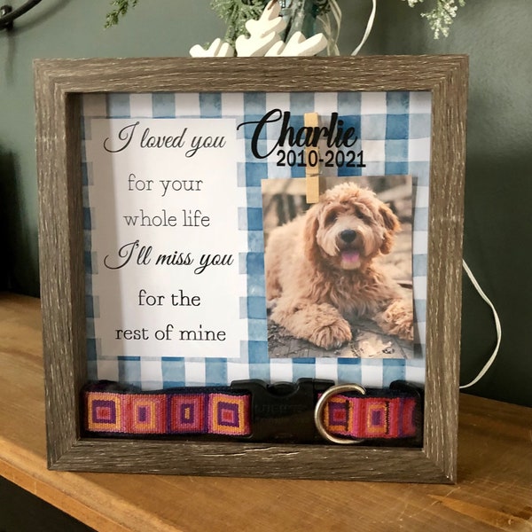 Buffalo plaid Personalized PHOTO Pet Memorial Box, Pet Collar shadow box, I loved you for your whole life I'll miss you for the rest of mine