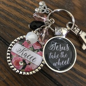 JESUS take the wheel PERSONALIZED watercolor ROSES keychain, Custom name initial monogram necklace, Sweet 16 gift, New driver key chain, car image 5