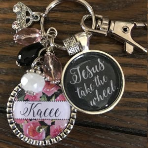 JESUS take the wheel PERSONALIZED watercolor ROSES keychain, Custom name initial monogram necklace, Sweet 16 gift, New driver key chain, car image 3