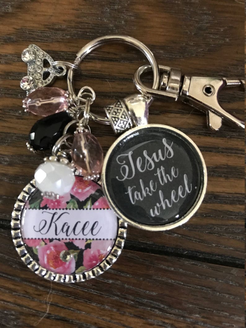 JESUS take the wheel PERSONALIZED watercolor ROSES keychain, Custom name initial monogram necklace, Sweet 16 gift, New driver key chain, car image 3